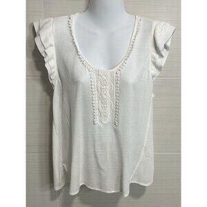 Democracy Crochet Lace Ruffle Cap Sleeve Textured Top White M, Boho Coastal